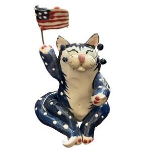Amy Lacombe 2003 WhimsiClay Cat With Flag 4th of July Americana Primitive Rustic